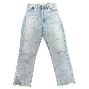 AGOLDE Riley Light Wash High Rise Button Fly Ankle Crop Distressed Hem Denim Jea